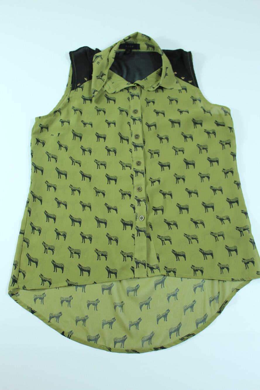 'Mine' Women's Sleeveless Zebra Print High-Low Blouse Size Small Olive Green
